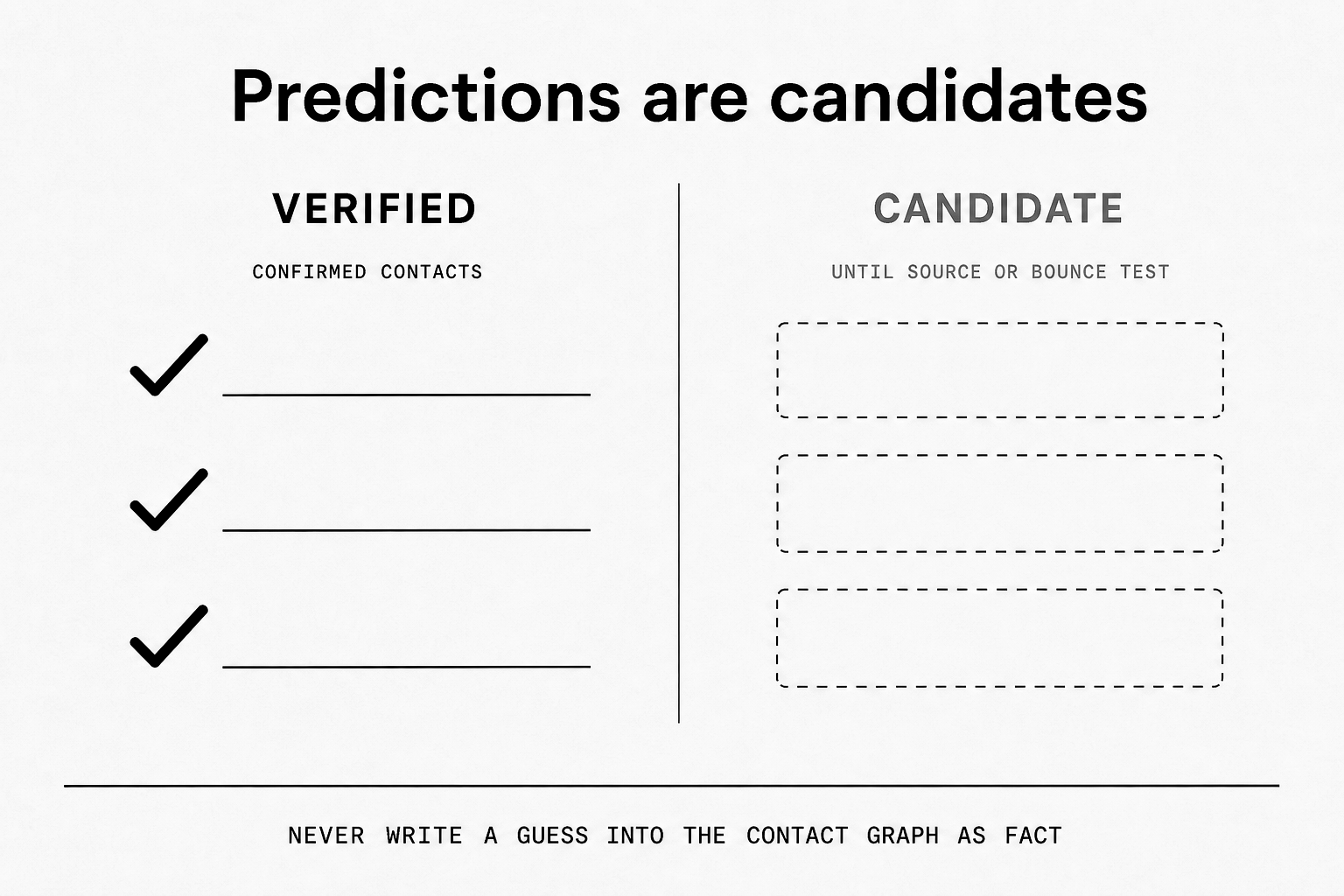 Verified addresses versus ranked candidates — predictions stay candidates until confirmed